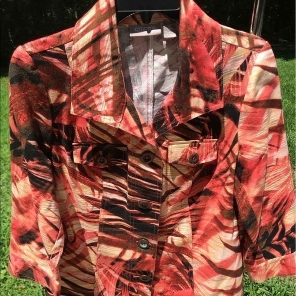 Chicos jacket, Orange leaf design vanity size  sz 0  red brown cream 4/6 US